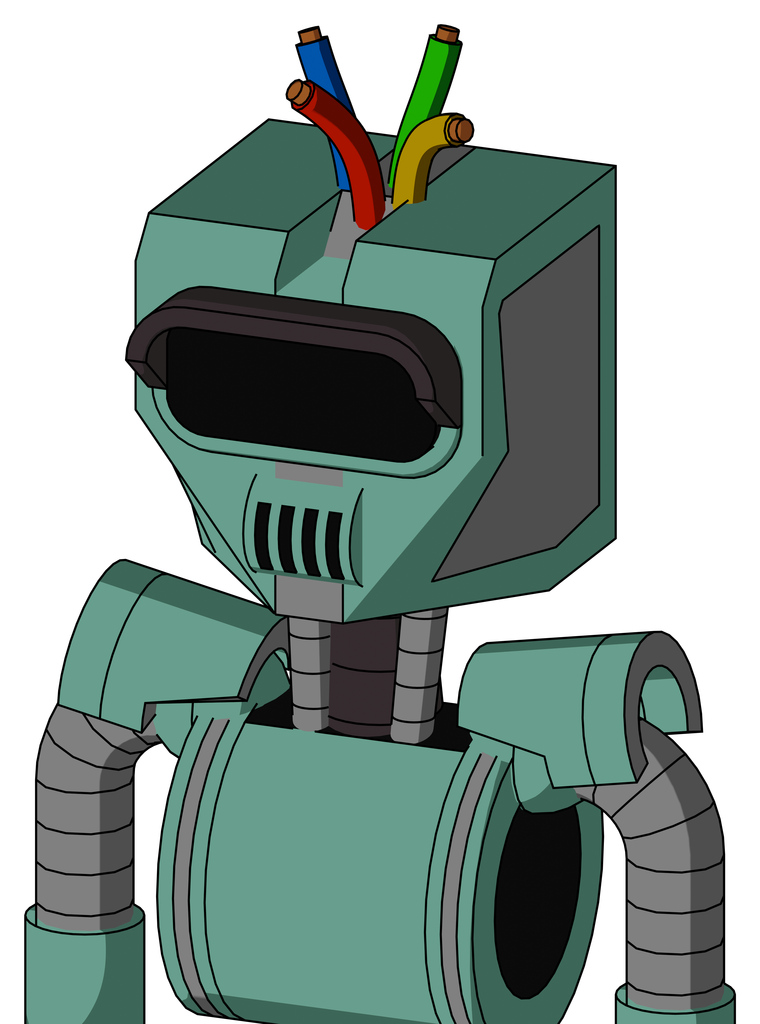 Green Mech With Mechanical Head And Speakers Mouth And Black Visor Eye And Wire Hair