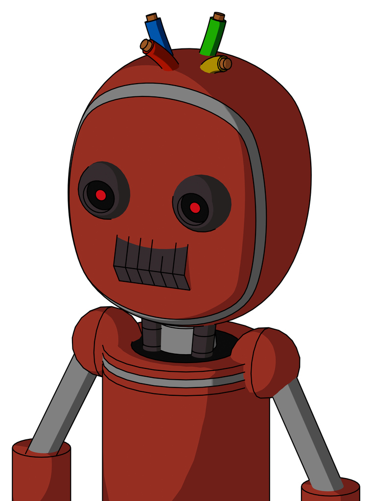 Red Automaton With Bubble Head And Dark Tooth Mouth And Black Glowing Red Eyes And Wire Hair