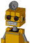 Yellow Robot With Cube Head And Keyboard Mouth And Black Glowing Red Eyes And Radar Dish Hat