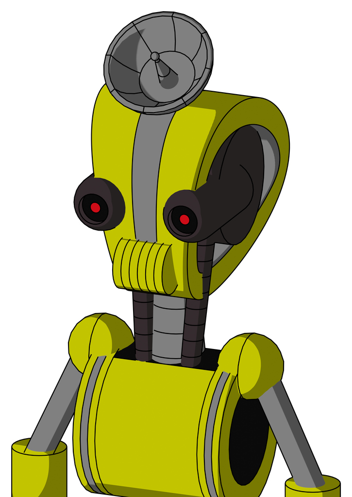 Yellow Robot With Droid Head And Speakers Mouth And Black Glowing Red Eyes And Radar Dish Hat