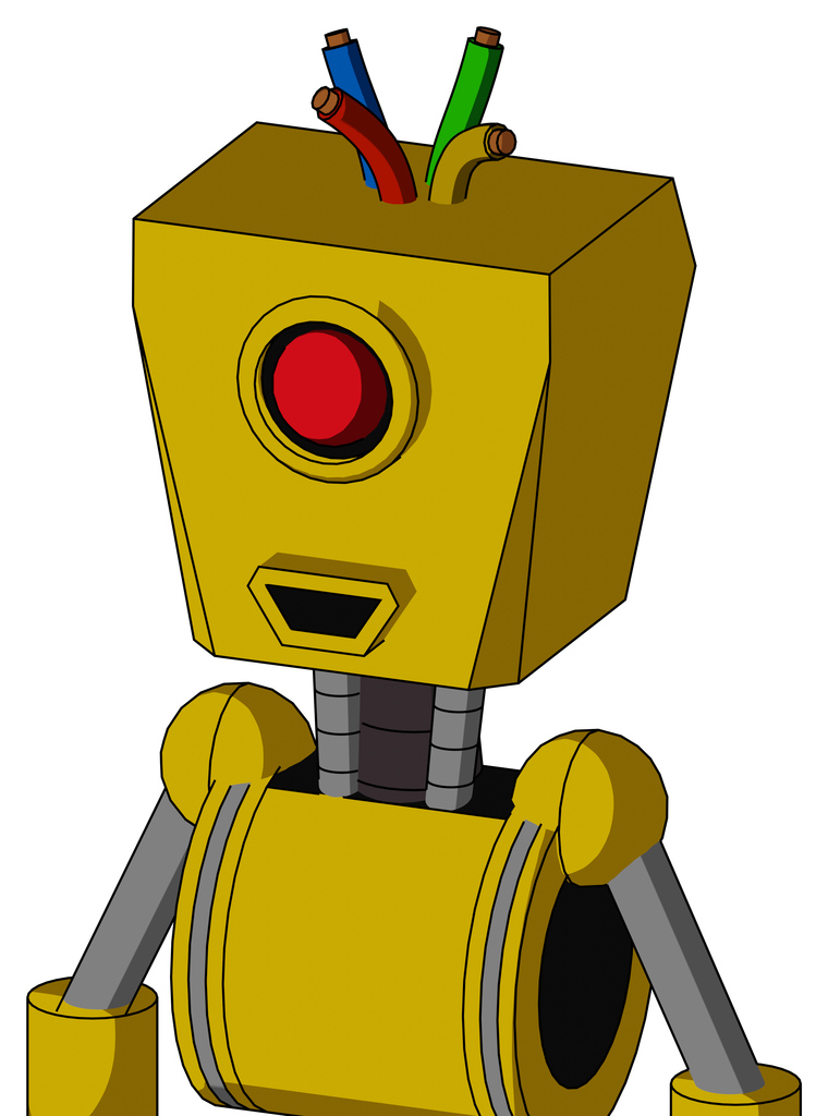Yellow Droid With Box Head And Happy Mouth And Cyclops Eye And Wire Hair