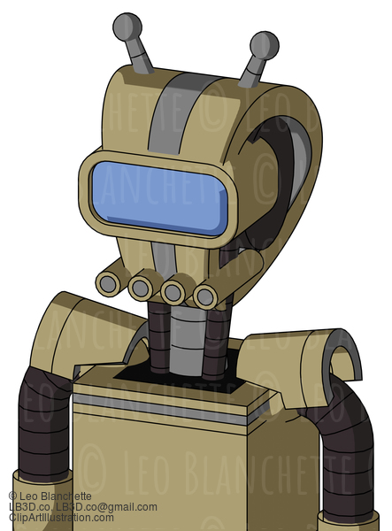 Army-Tan Automaton With Droid Head And Pipes Mouth And Large Blue Visor Eye And Double Antenna #22692