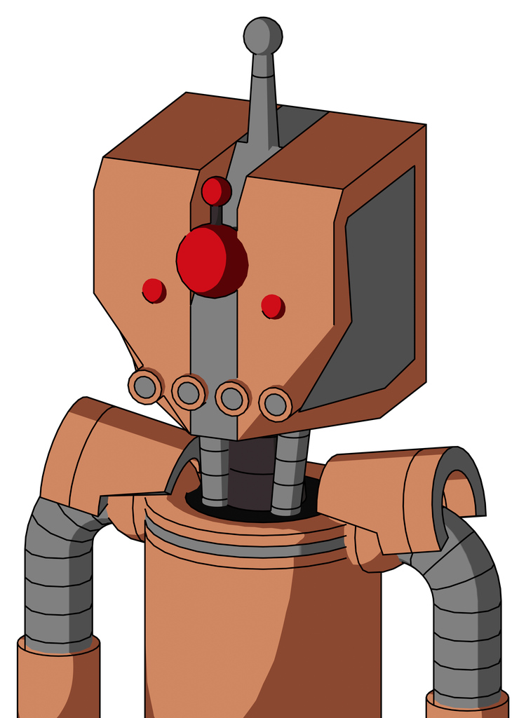 Peach Robot With Mechanical Head And Pipes Mouth And Cyclops Compound Eyes And Single Antenna