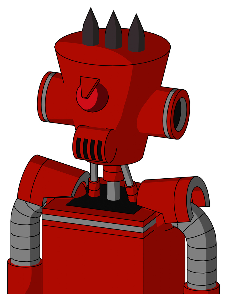 Red Mech With Cylinder-Conic Head And Speakers Mouth And Angry Cyclops And Three Dark Spikes