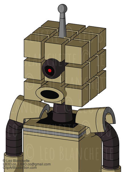 Army-Tan Automaton With Cube Head And Round Mouth And Black Cyclops Eye And Single Antenna #22837