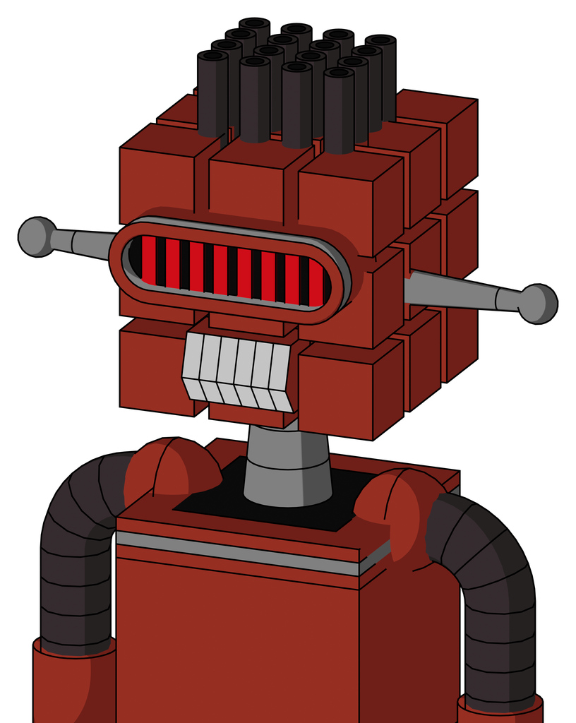 Red Automaton With Cube Head And Teeth Mouth And Visor Eye And Pipe Hair