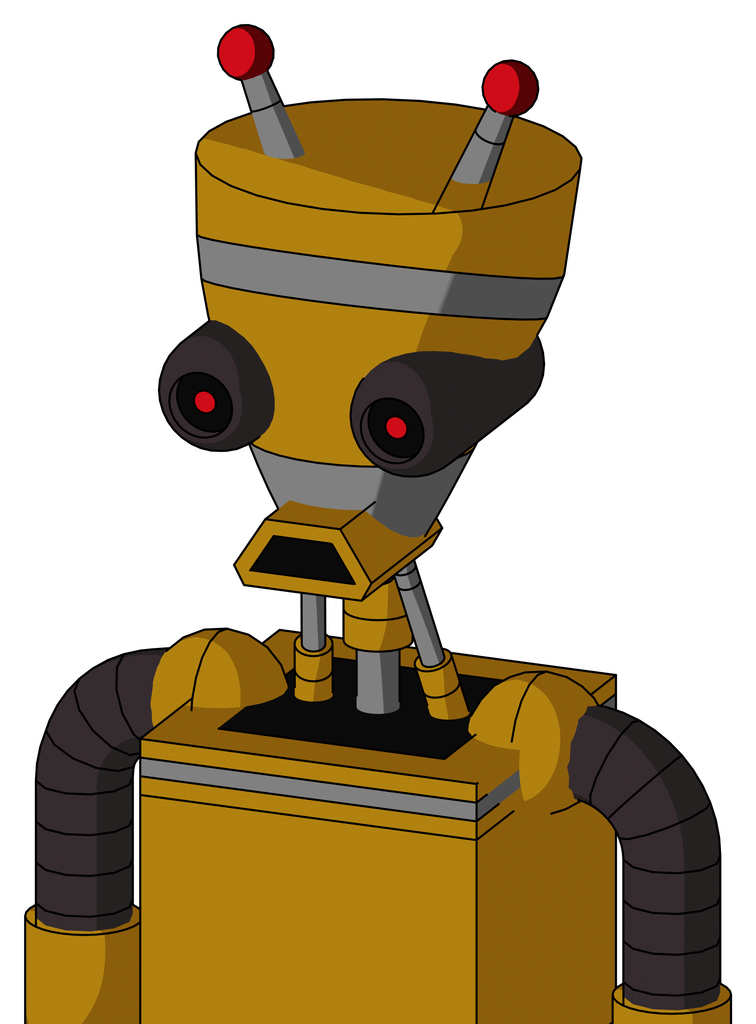 Dark-Yellow Automaton With Vase Head And Sad Mouth And Black Glowing Red Eyes And Double Led Antenna