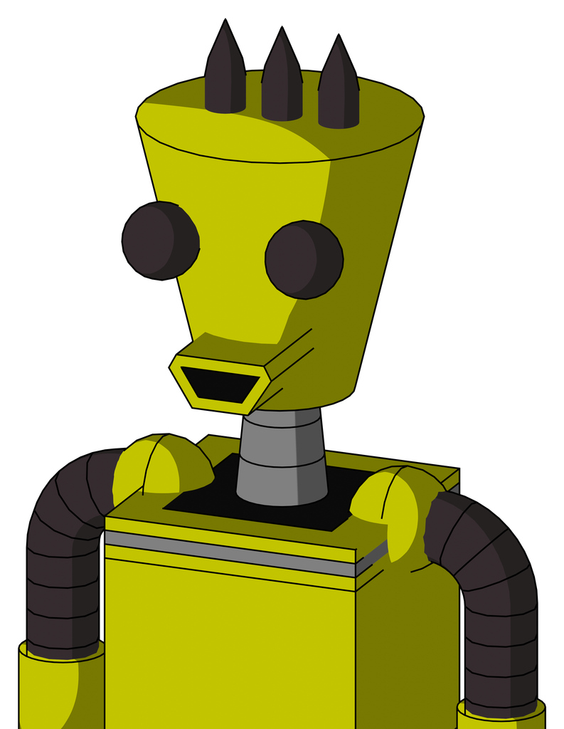 Yellow Robot With Cylinder-Conic Head And Happy Mouth And Two Eyes And Three Dark Spikes