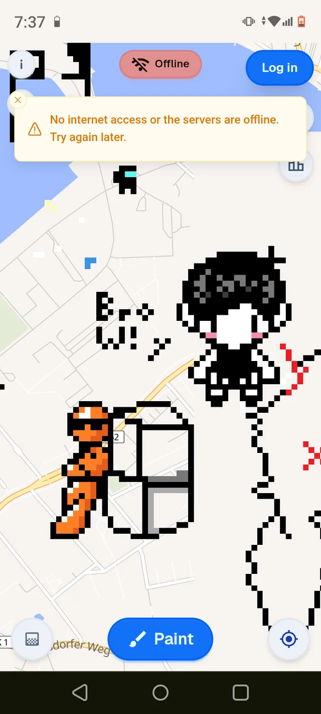 Pixel art showing Orange Man beside Omori, drawn on a digital map background.