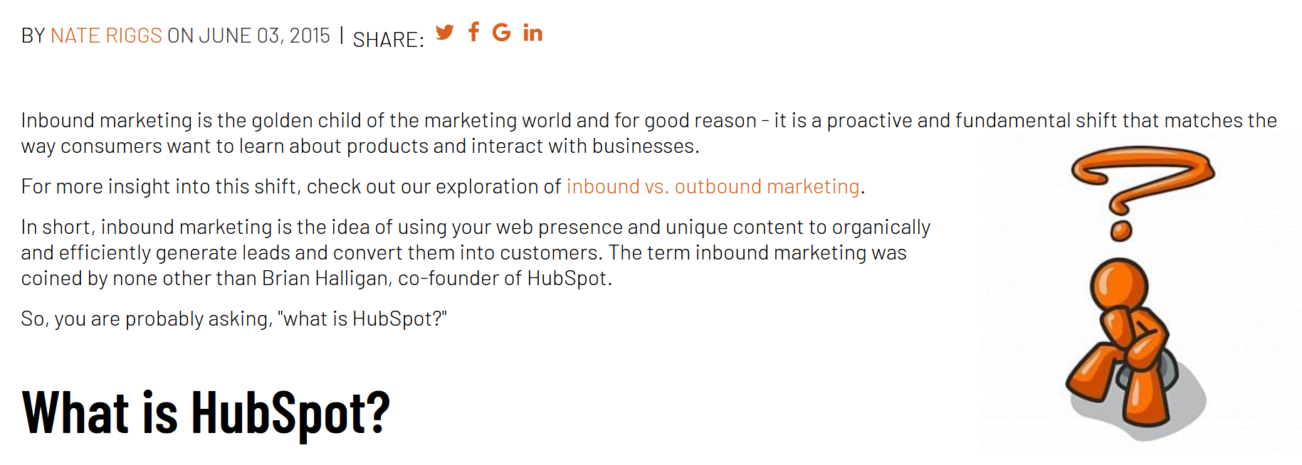 Orange Man sitting and pondering under a giant question mark -- the icon of inbound marketing.