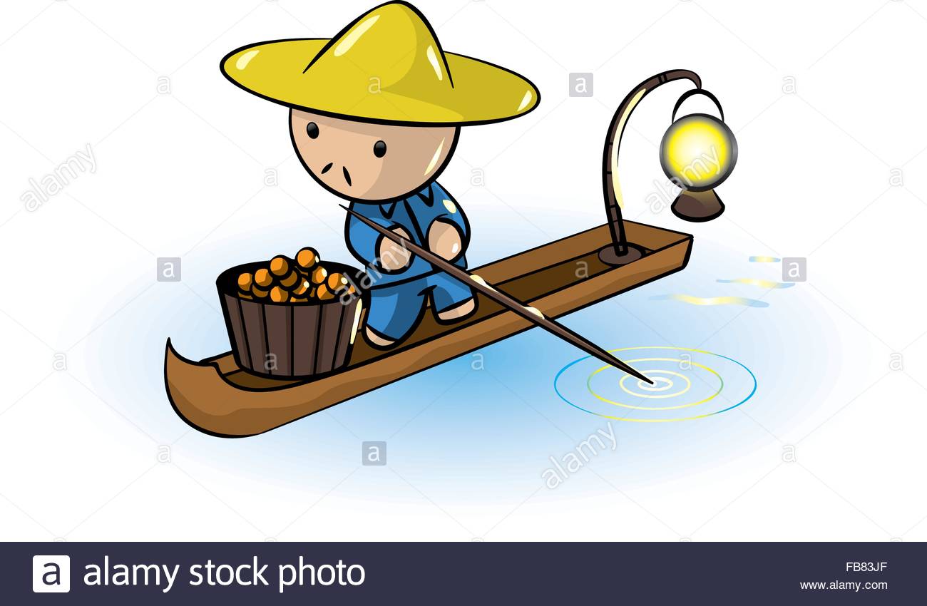 An asian vendor man transporting fruit in a small boat. A traditional culture illustration. Vector Illustration.