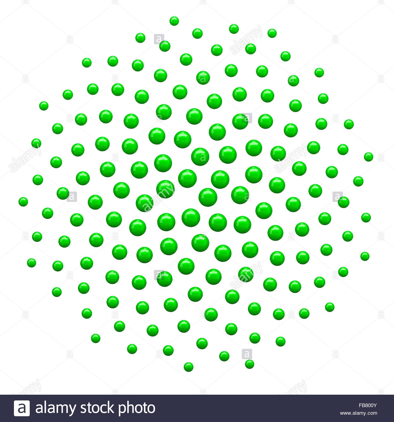 Royalty free clipart illustration of a 3d green spiral fibonacci mathematics dot pattern, on a white background.