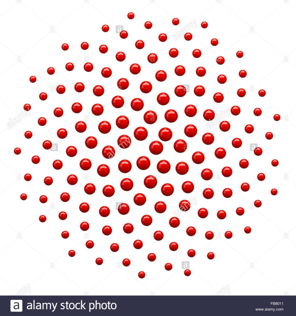 Royalty free clipart illustration of a 3d red spiral fibonacci mathematics dot pattern, on a white background.