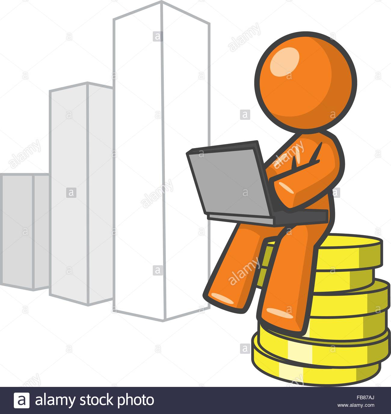Orange person sitting on money, with giant bar graph rising in background.