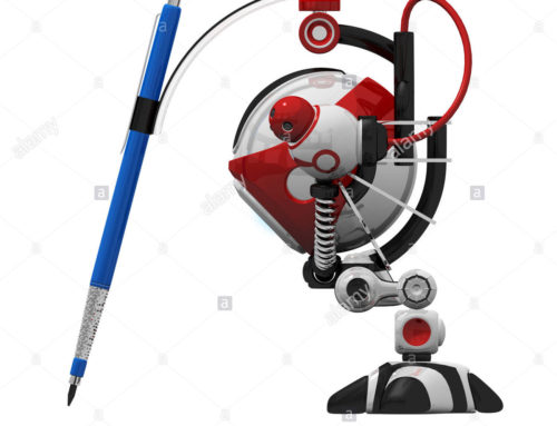 Designer robot with mechanical pencil orthographic viewed from side.